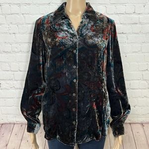 Coldwater Creek Velvet Paisley Peplum Shirt Womans Medium Long Sleeve Button Up